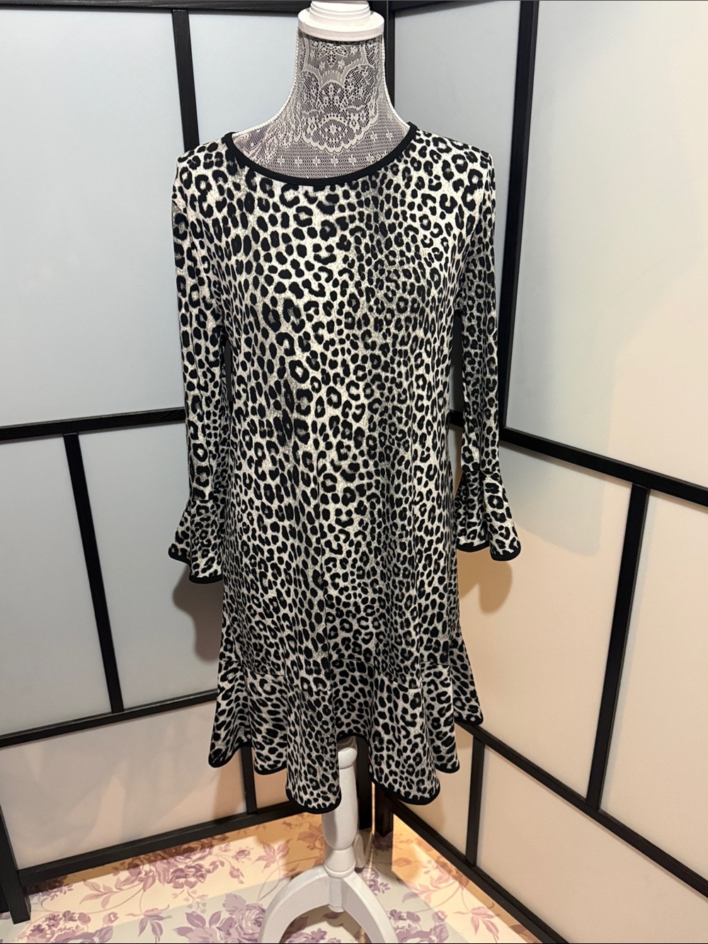 Michael Kors Black and White Leopard Print Ruffle-Hem Long Sleeve Dress